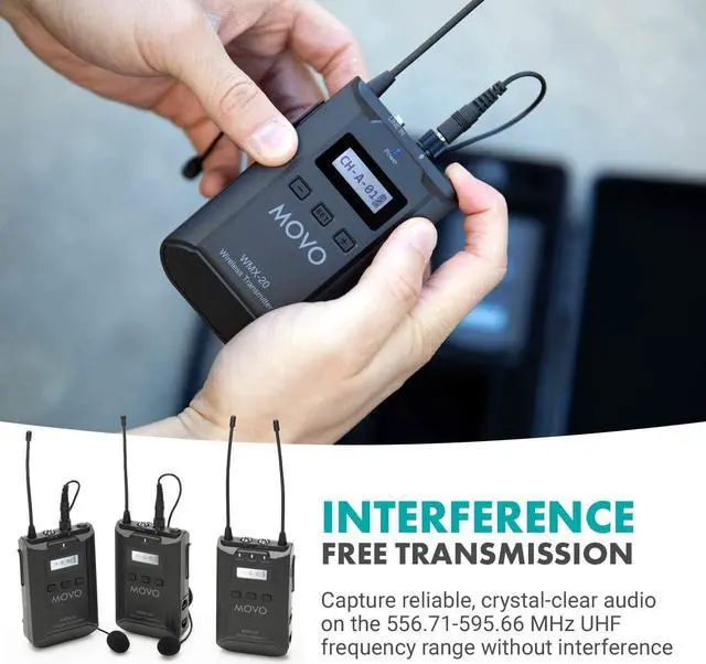 Alt view image 5 of 7 - Movo WMX-20-DUO 48-Channel UHF Wireless Lavalier Microphone System with 1 Receiver, 2 Transmitters, and 2 Lapel Microphones Compatible with DSLR Cameras (330' ft Audio Range)