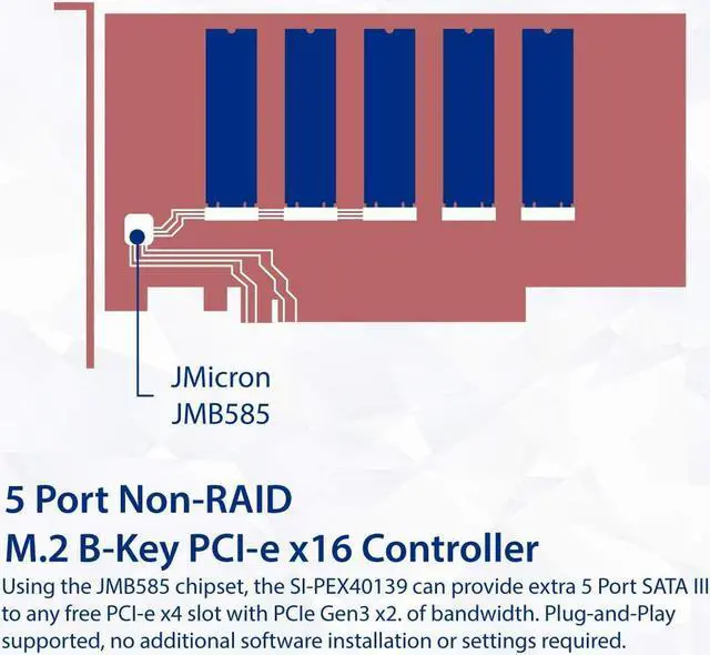 Alt view image 5 of 6 - 5 Slot M.2 B-Key SATA Base SSD PCI-e 3.0 x2 Bandwidth Expansion Card Require x16 Slot SI-PEX40142