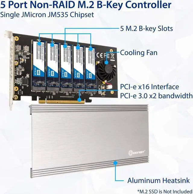 Alt view image 2 of 6 - 5 Slot M.2 B-Key SATA Base SSD PCI-e 3.0 x2 Bandwidth Expansion Card Require x16 Slot SI-PEX40142