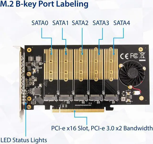 Alt view image 6 of 6 - 5 Slot M.2 B-Key SATA Base SSD PCI-e 3.0 x2 Bandwidth Expansion Card Require x16 Slot SI-PEX40142