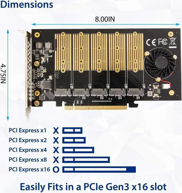 Alt view image 3 of 6 - 5 Slot M.2 B-Key SATA Base SSD PCI-e 3.0 x2 Bandwidth Expansion Card Require x16 Slot SI-PEX40142