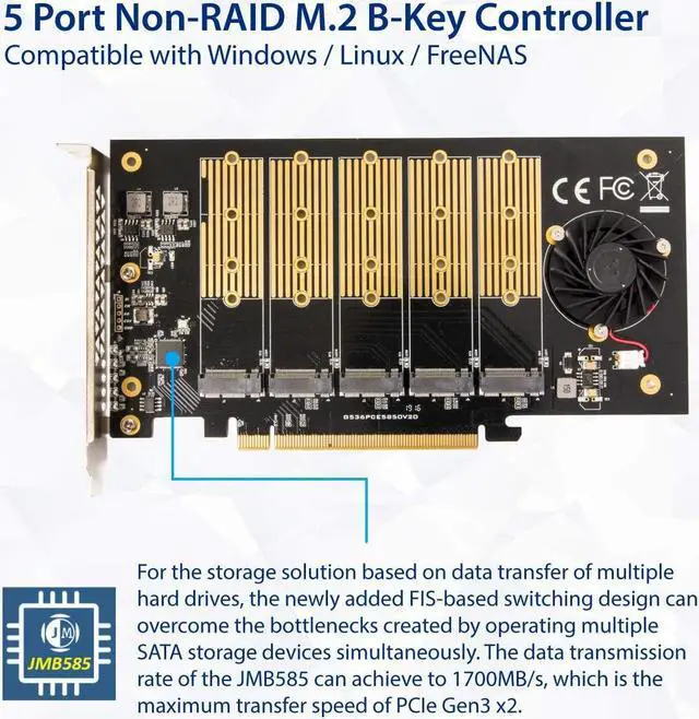 Alt view image 4 of 6 - 5 Slot M.2 B-Key SATA Base SSD PCI-e 3.0 x2 Bandwidth Expansion Card Require x16 Slot SI-PEX40142