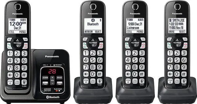 Main image of Panasonic Expandable Cordless Phone System with Link2Cell Bluetooth, Voice Assistant, Answering Machine and Call Blocking - 4 Cordless Handsets - KX-TGD664M (Metallic Black)