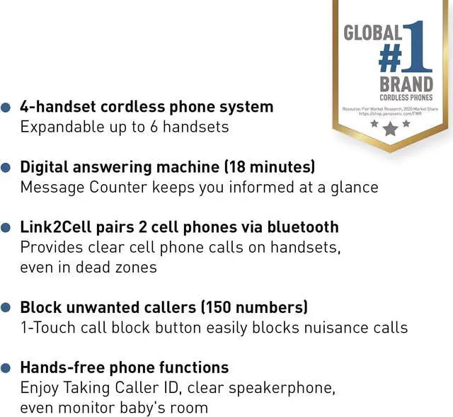 Alt view image 2 of 6 - Panasonic Expandable Cordless Phone System with Link2Cell Bluetooth, Voice Assistant, Answering Machine and Call Blocking - 4 Cordless Handsets - KX-TGD664M (Metallic Black)