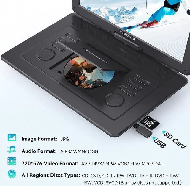 Alt view image 5 of 6 - DBPOWER 17.9" Portable DVD Player with 15.6" Large HD Swivel Screen, 6 Hour Rechargeable Battery, Support USB/SD and Multiple Disc Formats, High Volume Speaker, Car Charger, Remote Control