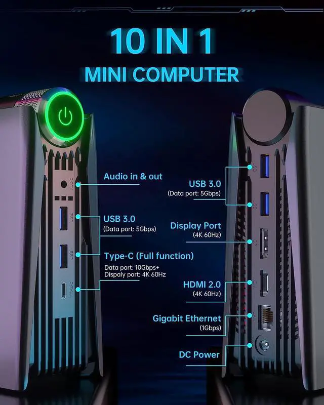 Alt view image 4 of 6 - [Gaming PC] Ryzen Mini PC, AMD Ryzen 5 5600U(up to 4.2Ghz) 16GB DDR4 512GB M.2 SSD RGB Lights Windows 11 Pro Mini Computer 4K HDMI DP Type-C Small PC, Auto/Silent Eco/Performance 3 Adjustable Mode