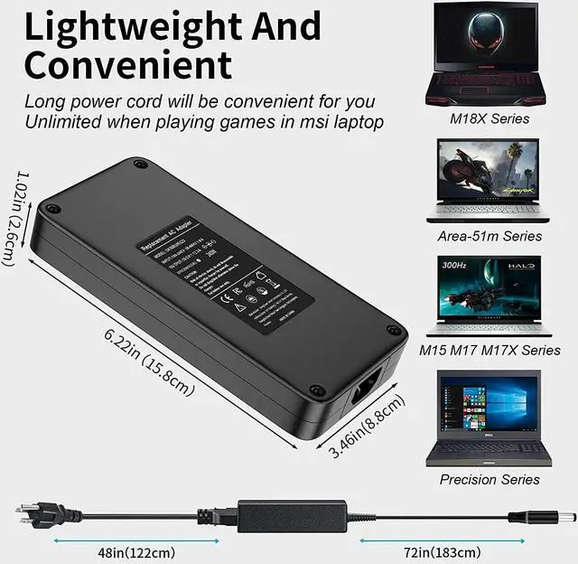 Alt view image 5 of 7 - 240W 180W AC Adapter Charger Fit for Dell Alienware Laptop Charger 13 15 17 R1 R2 R3 R4 Series,X51 M15 M17 M17X M18X Area-51m G5 G7 PA-9E,Dell Precision M6800 6700 M6400 M6500 M6600 Power Supply Cord