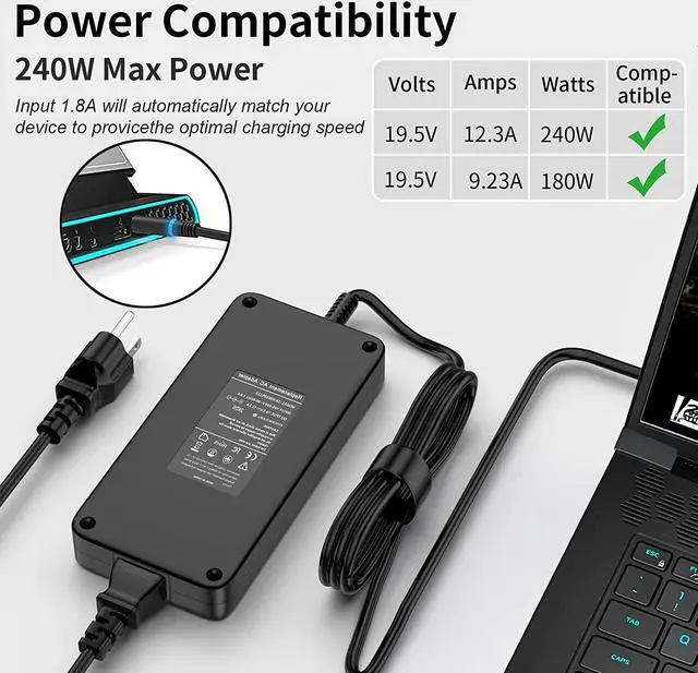 Alt view image 4 of 7 - 240W 180W AC Adapter Charger Fit for Dell Alienware Laptop Charger 13 15 17 R1 R2 R3 R4 Series,X51 M15 M17 M17X M18X Area-51m G5 G7 PA-9E,Dell Precision M6800 6700 M6400 M6500 M6600 Power Supply Cord