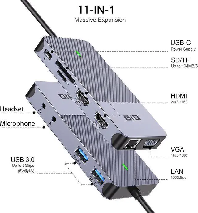 Alt view image 2 of 7 - USB Docking Station  USB C hub USB 3.0 to Dual HDMI VGA Adapter Triple Display USB C Laptop Docking Station Dual Display Compatible for MacBook M1 USB Dock-Grey