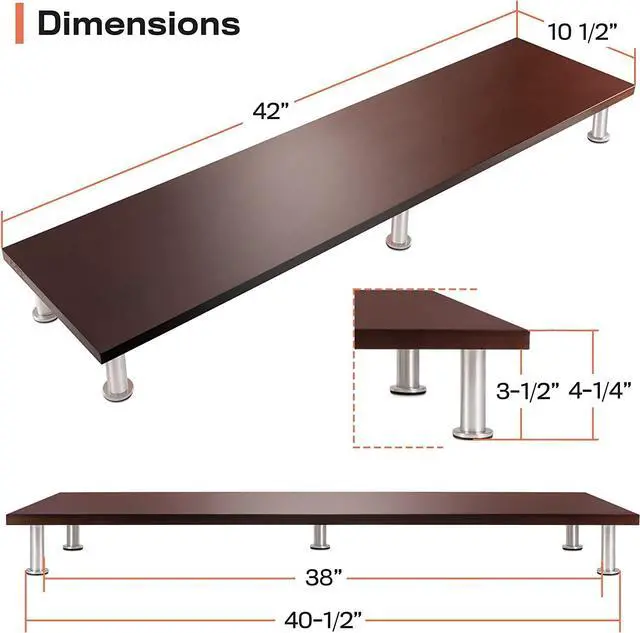 Alt view image 6 of 7 - Dual Monitor Stand for 2 Monitors, Large Monitor Riser Made with Solid Bamboo, Perfect Desk Shelf Organizer for Desktop, 42 Inch Wood Platform for Computer Screens, Laptop or TV, Brown