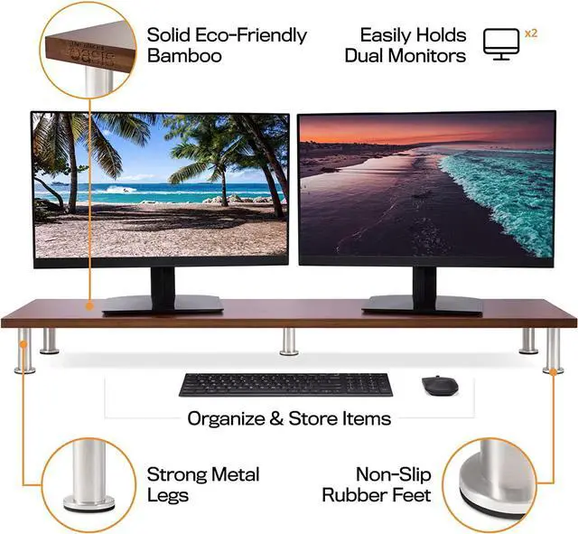 Alt view image 2 of 7 - Dual Monitor Stand for 2 Monitors, Large Monitor Riser Made with Solid Bamboo, Perfect Desk Shelf Organizer for Desktop, 42 Inch Wood Platform for Computer Screens, Laptop or TV, Brown