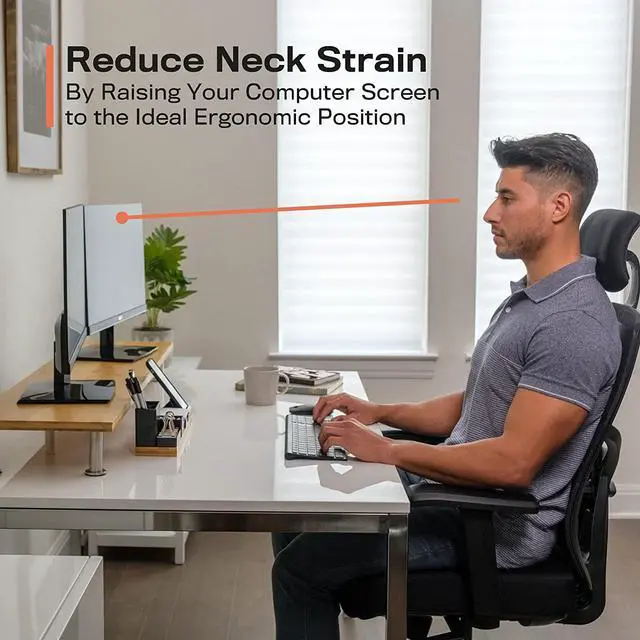 Alt view image 3 of 7 - Dual Monitor Stand for 2 Monitors, Large Monitor Riser Made with Solid Bamboo, Perfect Desk Shelf Organizer for Desktop, 42 Inch Wood Platform for Computer Screens, Laptop or TV, Brown