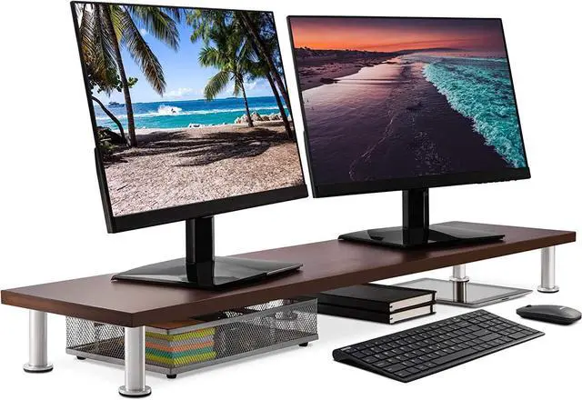 Main image of Dual Monitor Stand for 2 Monitors, Large Monitor Riser Made with Solid Bamboo, Perfect Desk Shelf Organizer for Desktop, 42 Inch Wood Platform for Computer Screens, Laptop or TV, Brown