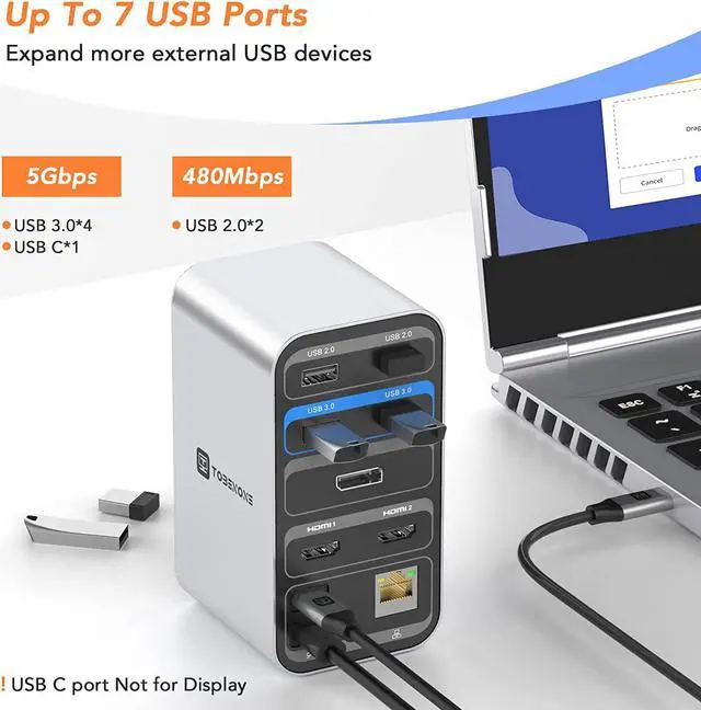 Alt view image 3 of 7 - Powered USB C Docking Station Dual Monitor, Laptop Docking Station with Power Delivery, 2 HDMI, DisplayPort, 7 USB, Gigabit Ethernet, Audio, USB-C Dock for Laptop Dell/HP/Surface