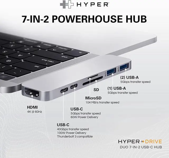 Alt view image 2 of 7 - USB C Hub, Hyper Duo 7-in-2 USB C Adapter - MacBook Pro Adapter with Magnetic Grip, 4K HDMI, USB-C 40Gbps 100W PD, 3.1 USB-A, MicroSD/SD - Space Gray