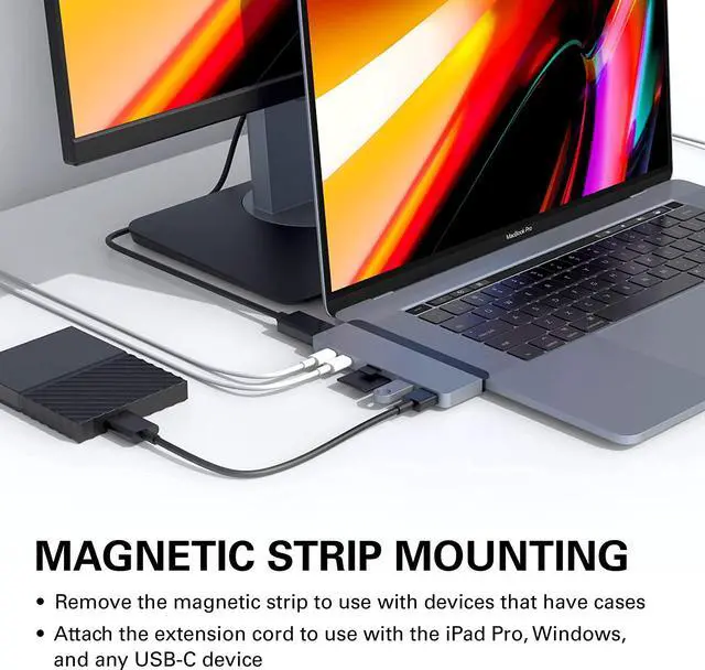 Alt view image 5 of 7 - USB C Hub, Hyper Duo 7-in-2 USB C Adapter - MacBook Pro Adapter with Magnetic Grip, 4K HDMI, USB-C 40Gbps 100W PD, 3.1 USB-A, MicroSD/SD - Space Gray
