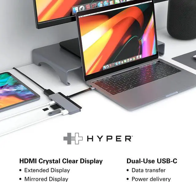 Alt view image 4 of 7 - USB C Hub, Hyper Duo 7-in-2 USB C Adapter - MacBook Pro Adapter with Magnetic Grip, 4K HDMI, USB-C 40Gbps 100W PD, 3.1 USB-A, MicroSD/SD - Space Gray