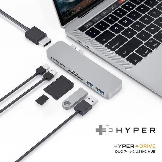 Alt view image 7 of 7 - USB C Hub, Hyper Duo 7-in-2 USB C Adapter - MacBook Pro Adapter with Magnetic Grip, 4K HDMI, USB-C 40Gbps 100W PD, 3.1 USB-A, MicroSD/SD - Space Gray