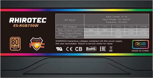 Alt view image 4 of 7 - ATX 750W PC Power Supply, RHOROTEC 80 Plus Bronze Certified Active PFC PSU with 120mm Smart RGB Fan 25 Lighting Modes