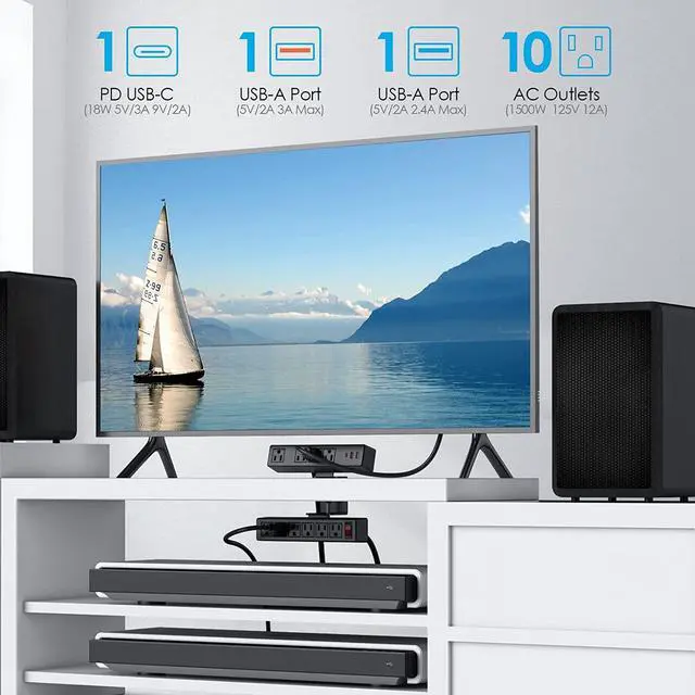 Alt view image 2 of 7 - 2 in 1 Desktop Edge Power Strip,Removable Clamp Power Outlet Socket Under Desk 6AC Outlests with Switch & 4 AC Outlets 2 USB-A Ports,1 USB-C Port with Switch,6.5 ft Extension Cord