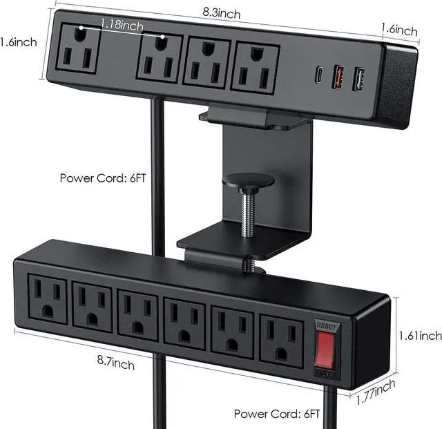 Alt view image 3 of 7 - 2 in 1 Desktop Edge Power Strip,Removable Clamp Power Outlet Socket Under Desk 6AC Outlests with Switch & 4 AC Outlets 2 USB-A Ports,1 USB-C Port with Switch,6.5 ft Extension Cord