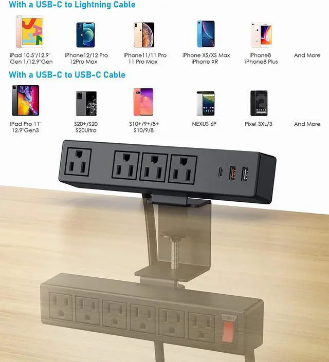 Alt view image 5 of 7 - 2 in 1 Desktop Edge Power Strip,Removable Clamp Power Outlet Socket Under Desk 6AC Outlests with Switch & 4 AC Outlets 2 USB-A Ports,1 USB-C Port with Switch,6.5 ft Extension Cord
