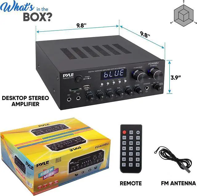 Alt view image 7 of 7 - Bluetooth Home Audio Amplifier Receiver Stereo 300W Dual Channel Sound Audio System w/MP3, USB, SD, AUX, RCA, MIC, Headphone, FM, LED, Reverb Delay, for Home Theater Speakers, Studio - PDA69BU