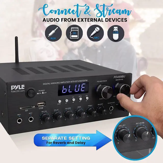 Alt view image 4 of 7 - Bluetooth Home Audio Amplifier Receiver Stereo 300W Dual Channel Sound Audio System w/MP3, USB, SD, AUX, RCA, MIC, Headphone, FM, LED, Reverb Delay, for Home Theater Speakers, Studio - PDA69BU