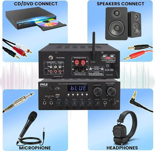 Alt view image 3 of 7 - Bluetooth Home Audio Amplifier Receiver Stereo 300W Dual Channel Sound Audio System w/MP3, USB, SD, AUX, RCA, MIC, Headphone, FM, LED, Reverb Delay, for Home Theater Speakers, Studio - PDA69BU