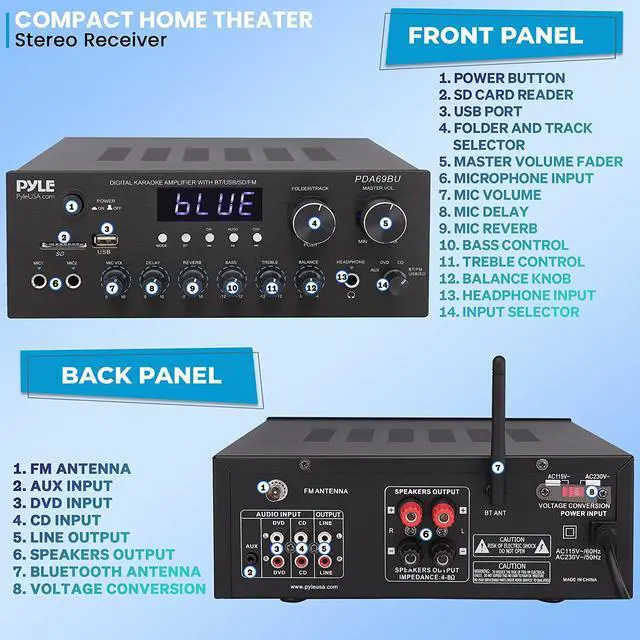 Alt view image 2 of 7 - Bluetooth Home Audio Amplifier Receiver Stereo 300W Dual Channel Sound Audio System w/MP3, USB, SD, AUX, RCA, MIC, Headphone, FM, LED, Reverb Delay, for Home Theater Speakers, Studio - PDA69BU