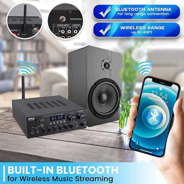 Alt view image 6 of 7 - Bluetooth Home Audio Amplifier Receiver Stereo 300W Dual Channel Sound Audio System w/MP3, USB, SD, AUX, RCA, MIC, Headphone, FM, LED, Reverb Delay, for Home Theater Speakers, Studio - PDA69BU