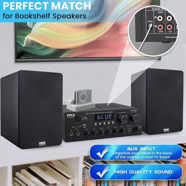 Alt view image 5 of 7 - Bluetooth Home Audio Amplifier Receiver Stereo 300W Dual Channel Sound Audio System w/MP3, USB, SD, AUX, RCA, MIC, Headphone, FM, LED, Reverb Delay, for Home Theater Speakers, Studio - PDA69BU