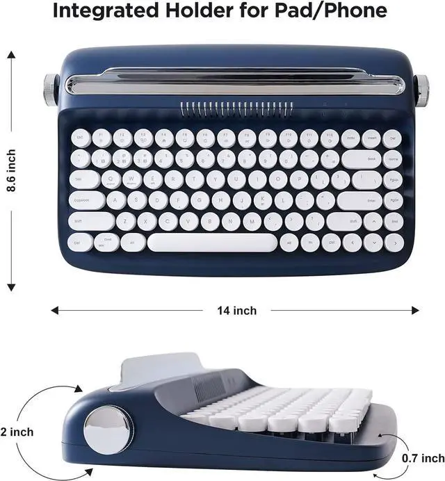 Alt view image 3 of 6 - ACTTO B303 Wireless Typewriter Keyboard, Retro Bluetooth Aesthetic Keyboard with Integrated Stand for Multi-Device (B303, Midnight)