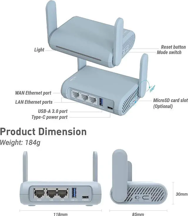Alt view image 6 of 7 - GL-MT1300 (Beryl) VPN Wireless Little Travel Router  Connect to Hotel WiFi & Captive Portal, USB 3.0, 3 Gigabit Ports, Range Extender, Assess Point, Pocket-Sized, MicroSD Slot, Easy to Setup