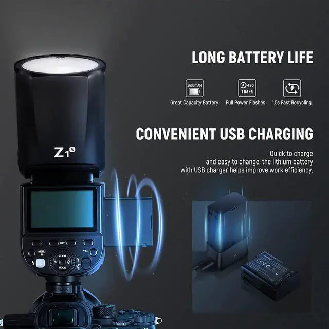 Alt view image 5 of 7 - Z1-S TTL Round Head Flash Speedlite for Sony Cameras, 76Ws 2.4G 1/8000s HSS, 10 Levels LED Modeling Lamp, 2600mAh Lithium Battery, 480 Full Power Shots, Recycle in 1.5s Flash