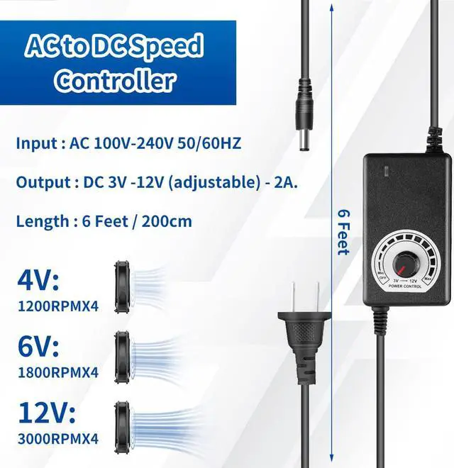 Alt view image 5 of 7 - 4 x 120mm Server Rack Mount Fan 12V with 100V - 240V AC Power Variable Speed Control, High Airflow for DIY Cooling Mining Rig, AV Cabinets, Home Theater, Refrigerator, Greenhouse