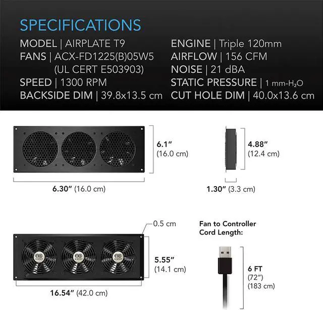 Alt view image 6 of 7 - AIRPLATE T9, Quiet Cooling Fan System 18" with Thermostat Control, for Home Theater AV Cabinets