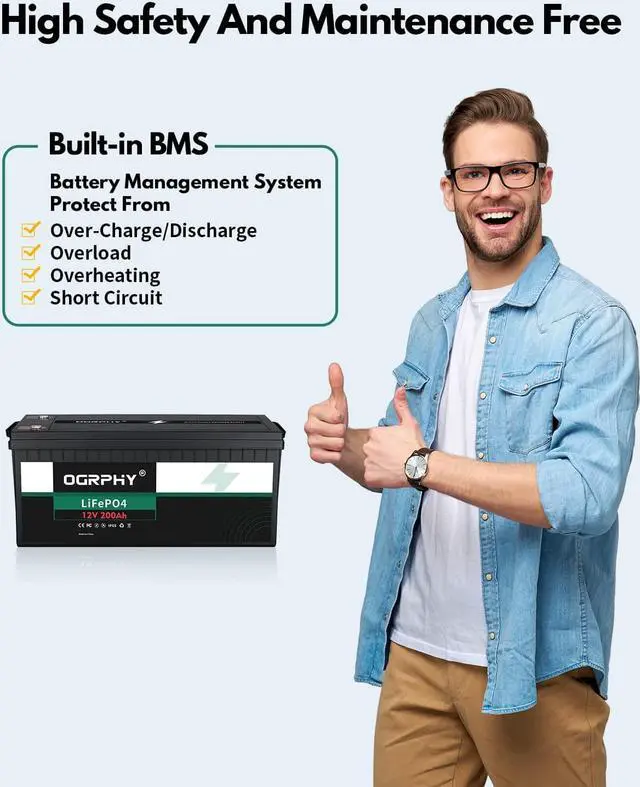 Alt view image 3 of 6 - OGRPHY 12V 200Ah LiFePO4 Battery, 2560Wh Grade A Cells Deep Cycle Battery with BMS, Up to 5000+ Cycles Lithium Battery for for RV, Trolling Motor, Solar, Golf Cart, Marine and Off Grid Applications