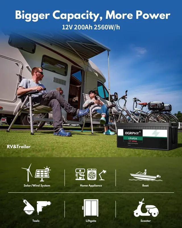 Alt view image 5 of 6 - OGRPHY 12V 200Ah LiFePO4 Battery, 2560Wh Grade A Cells Deep Cycle Battery with BMS, Up to 5000+ Cycles Lithium Battery for for RV, Trolling Motor, Solar, Golf Cart, Marine and Off Grid Applications