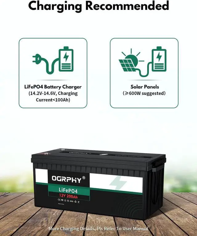 Alt view image 6 of 6 - OGRPHY 12V 200Ah LiFePO4 Battery, 2560Wh Grade A Cells Deep Cycle Battery with BMS, Up to 5000+ Cycles Lithium Battery for for RV, Trolling Motor, Solar, Golf Cart, Marine and Off Grid Applications