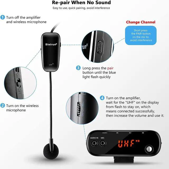 Alt view image 3 of 7 - 20W Wireless Voice Amplifier for Teachers with Wireless Microphone Headset, Bietrun Portable Rechargeable(Work of 6 hrs)Loud Bluetooth PA Speaker with Wired Mic Headset for Teaching, Coach, Instructor