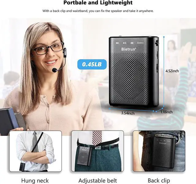 Alt view image 6 of 7 - 20W Wireless Voice Amplifier for Teachers with Wireless Microphone Headset, Bietrun Portable Rechargeable(Work of 6 hrs)Loud Bluetooth PA Speaker with Wired Mic Headset for Teaching, Coach, Instructor