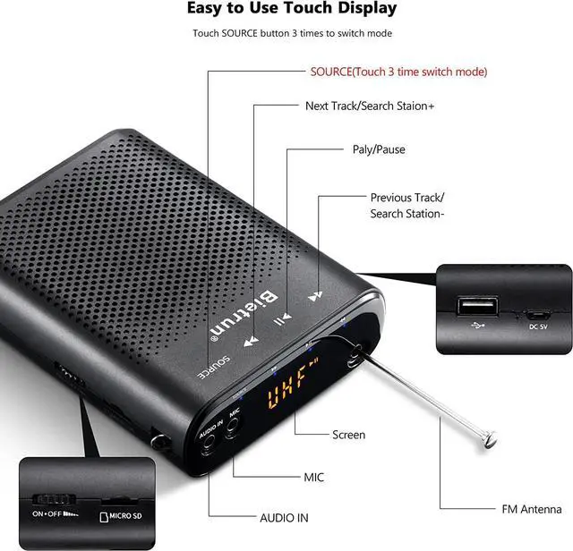 Alt view image 7 of 7 - 20W Wireless Voice Amplifier for Teachers with Wireless Microphone Headset, Bietrun Portable Rechargeable(Work of 6 hrs)Loud Bluetooth PA Speaker with Wired Mic Headset for Teaching, Coach, Instructor