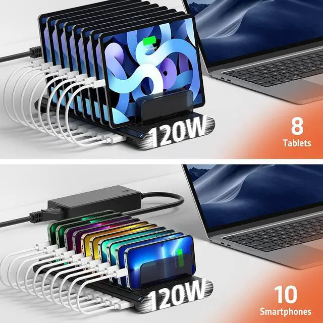 Alt view image 4 of 7 - USB Charging Station, Fast 120W 10 Port Phone Tablet Charging Station for Multiple Devices with Type C/2 QC 3.0 Port for iPad/iPhone/Galaxy/Kindle/Fire, Devices Organizer, UL Certified, Black