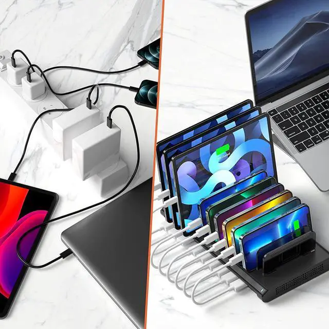 Alt view image 5 of 7 - USB Charging Station, Fast 120W 10 Port Phone Tablet Charging Station for Multiple Devices with Type C/2 QC 3.0 Port for iPad/iPhone/Galaxy/Kindle/Fire, Devices Organizer, UL Certified, Black