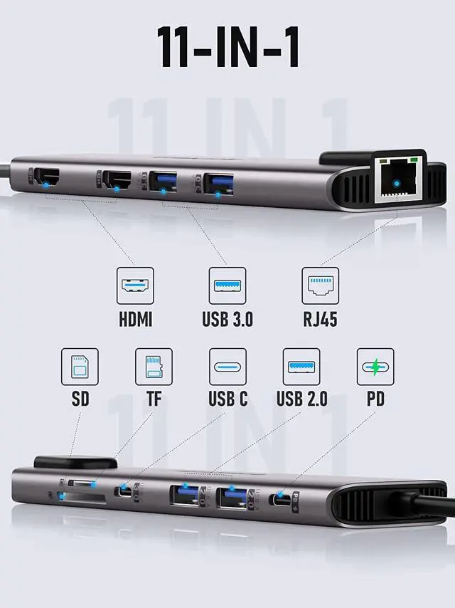 Alt view image 7 of 7 - 11 in 1 USB C Laptop Docking Station Dual Monitor Hub Adapter w/ 2 HDMI 4K, 100W PD, Ethernet, SD/TF, 2 USB 3.0, 2 USB 2.0, USB C 3.0 Data, for MacBook Pro/Air, (Thunderbolt 3) Typc C Laptop