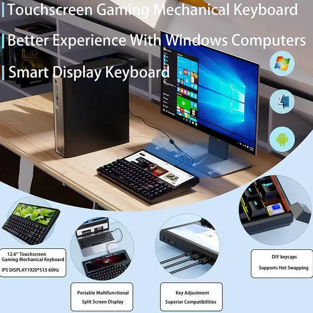Alt view image 5 of 7 - K2 12.6" Touchscreen Gaming Mechanical Keyboard, Portable Multifunctional Split Keyboard,71Keys RGB LED Backlit N-Key Compact Keyboard, Plug and Play for Windows Android, One line connection.