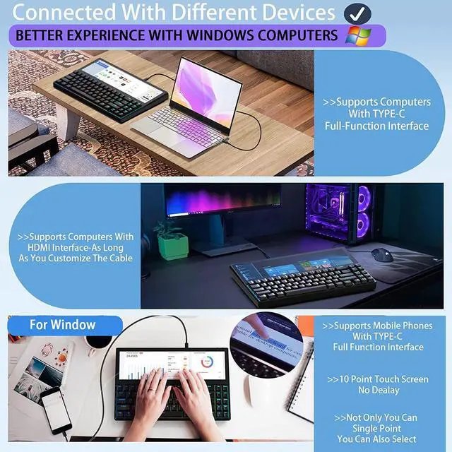 Alt view image 4 of 7 - K2 12.6" Touchscreen Gaming Mechanical Keyboard, Portable Multifunctional Split Keyboard,71Keys RGB LED Backlit N-Key Compact Keyboard, Plug and Play for Windows Android, One line connection.