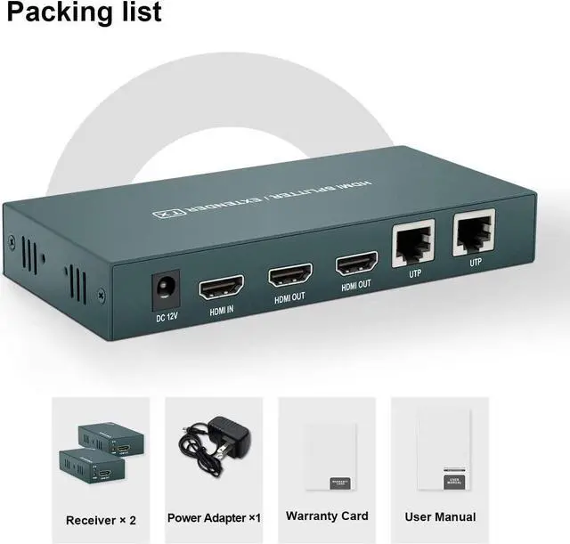 Alt view image 7 of 7 - HDMI Extender Splitter 1x2, HD1080P@60Hz & 3D Visual, Extending 165ft (50m) Length Transmission Over CAT5e/CAT6/CAT7 Cable, 2 Channel Transmission with 2 HDMI Loop Out