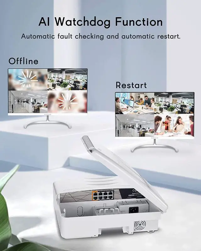 Alt view image 5 of 7 - Cqenpr Indoor/Outdoor Waterproof Movable AI PoE Switch, IEEE 802.3af/at/bt, AI Watchdog, PoE++ BT Port 60W Output, Unmanaged (Outdoor 8 Port poe)